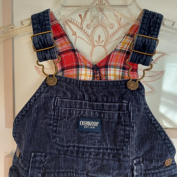 🎁$5/$25- corduroy overall with plaid lining,  12 months, navy blue - Picture 6 of 7